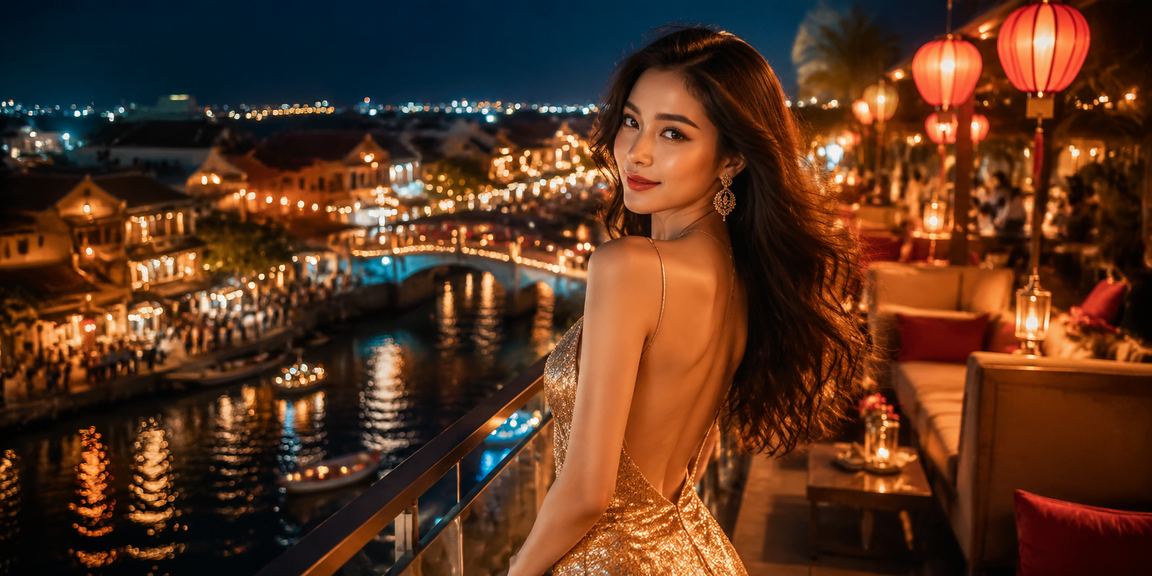 Người chơi kiểm tra tiền thưởng casino tại khu phố đêm Hội An trên điện thoại