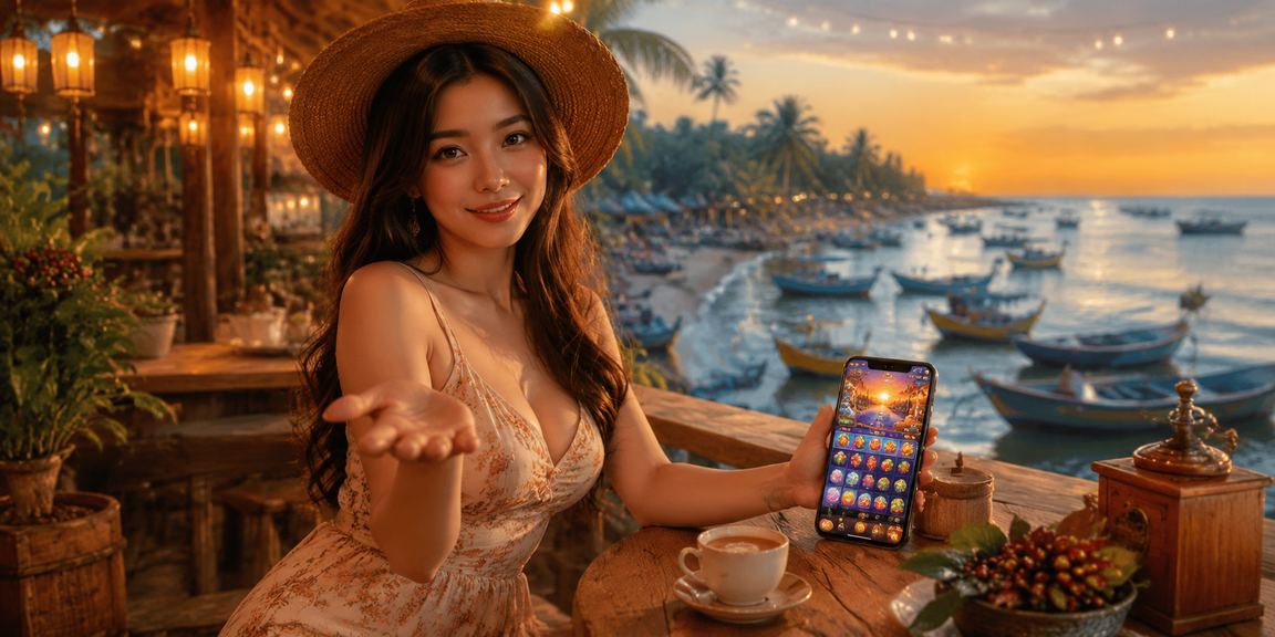 Người dùng kiểm tra ưu đãi ri6 trên điện thoại bên ly cà phê buổi sáng tại Mũi Né